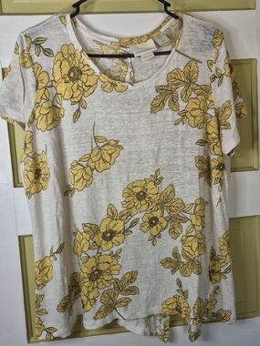 Cynthia Rowley Cream Linen Tee with Yellow Floral Print